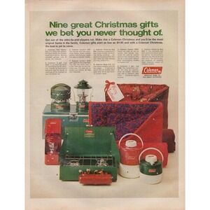 Coleman Christmas Camping Gear Lantern Stove Cooler Vintage Print Ad 1970